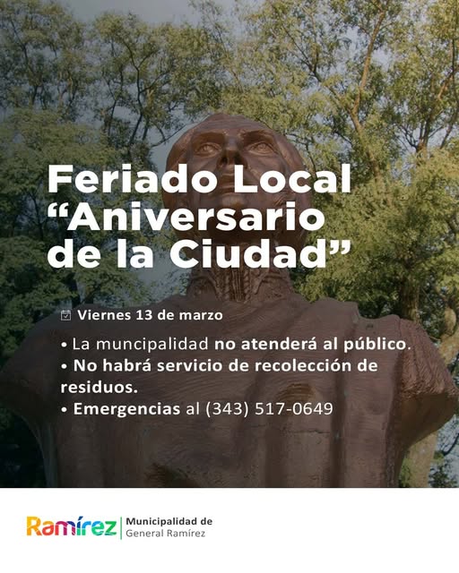 Feriado local en Ramírez por el aniversario de la ciudad