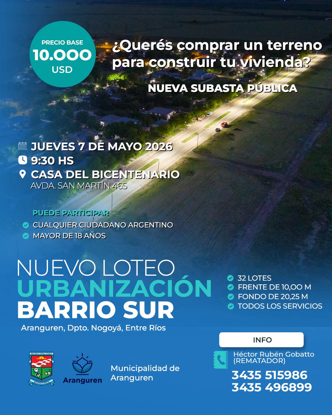 Nueva subasta de terrenos en Aranguren: lotes urbanizados desde 10.000 dólares