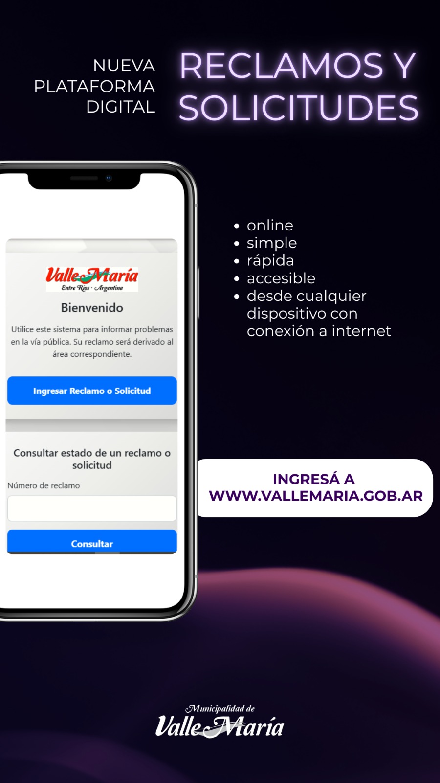 Ahora hacer un reclamo o solicitud en Valle María es más fácil y rápido