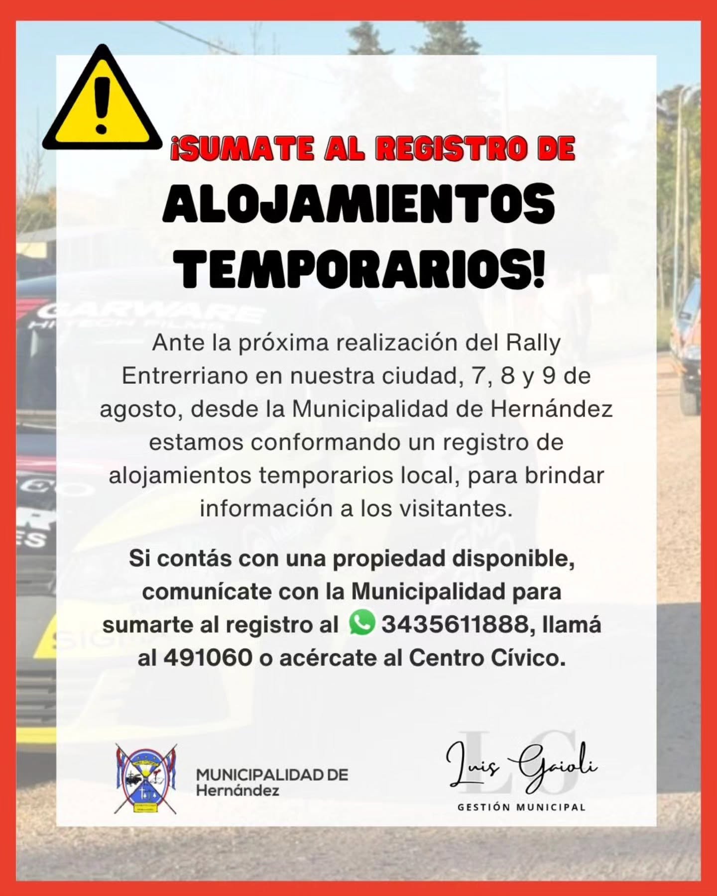 Registro de Alojamientos Temporarios por la llegada del Rally Entrerriano a Hernández