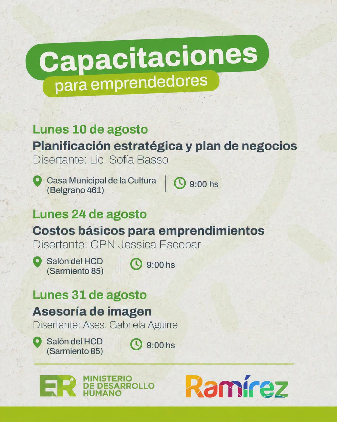 Realizarán tres capacitaciones gratuitas para emprendedores en Ramírez