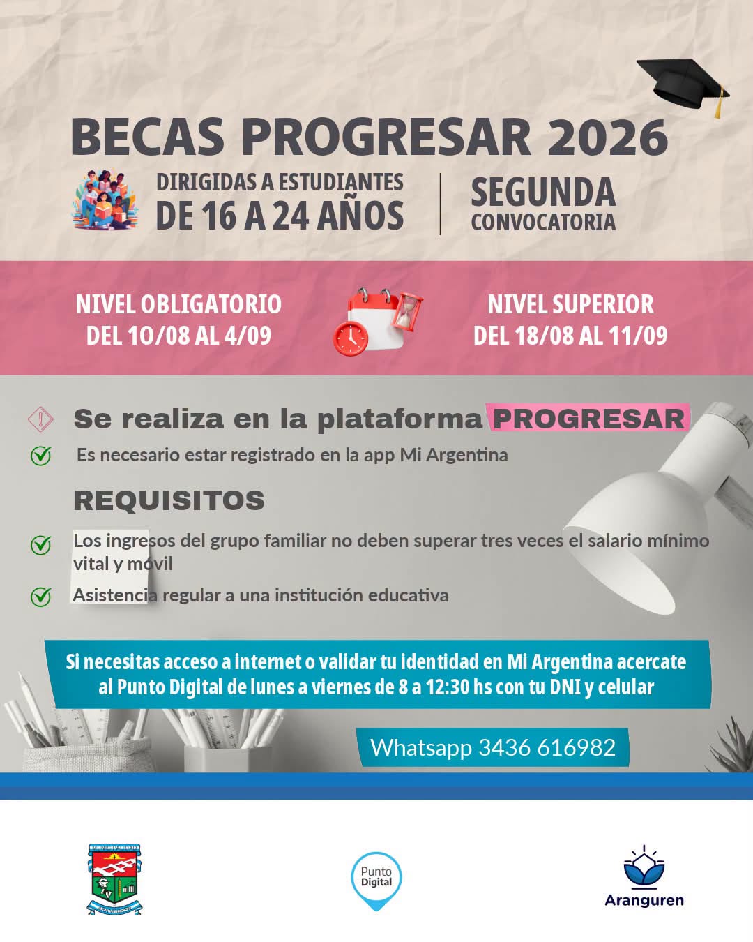 Aranguren: abrió la segunda convocatoria de las Becas Progresar 2026