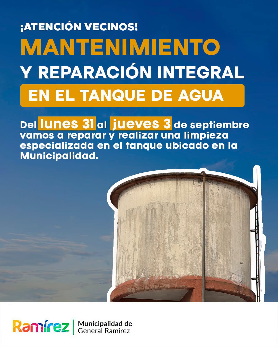 La Municipalidad de General Ramírez realizará una reparación integral en uno de sus tanques de agua.