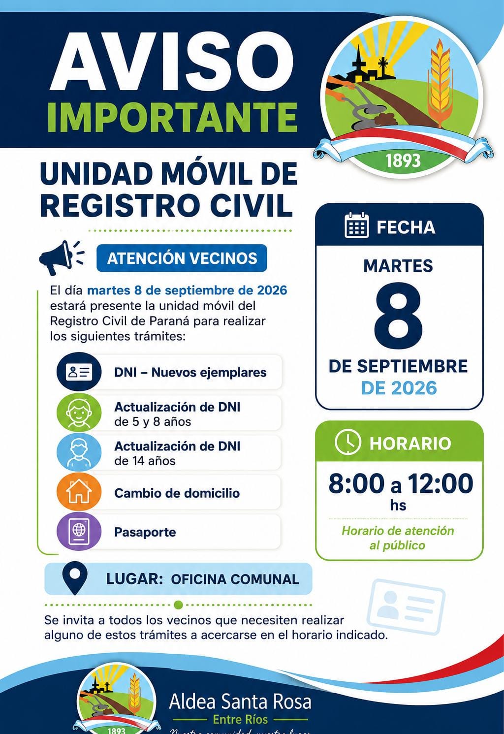 La Unidad Móvil del Registro Civil de Paraná estará en Aldea Santa Rosa