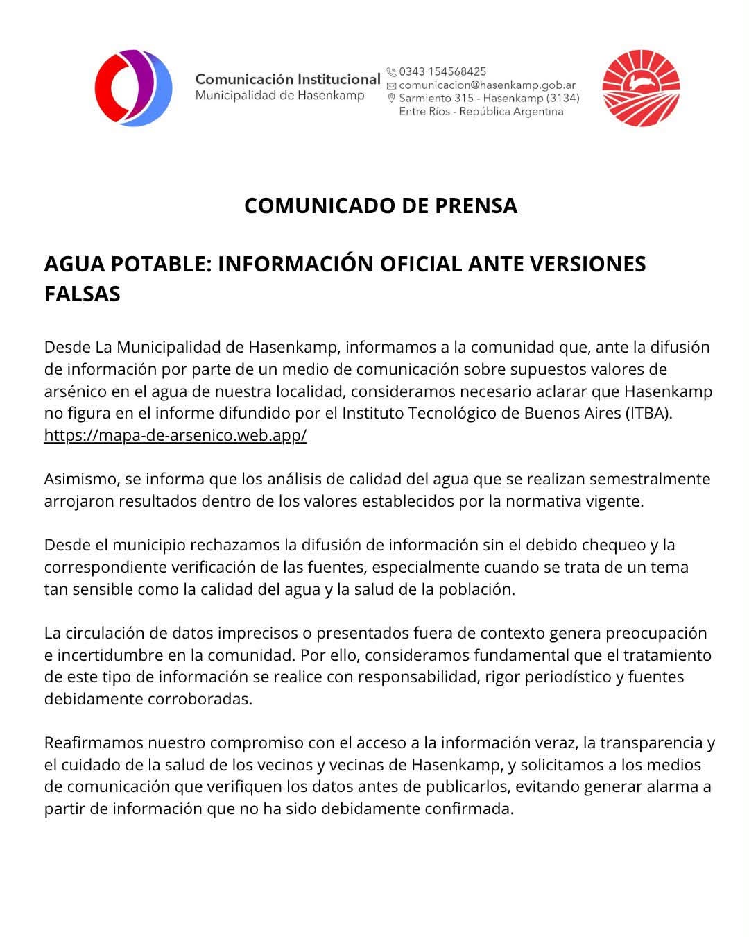 Agua potable: información oficial del Municipio de Hasenkamp ante versiones falsas